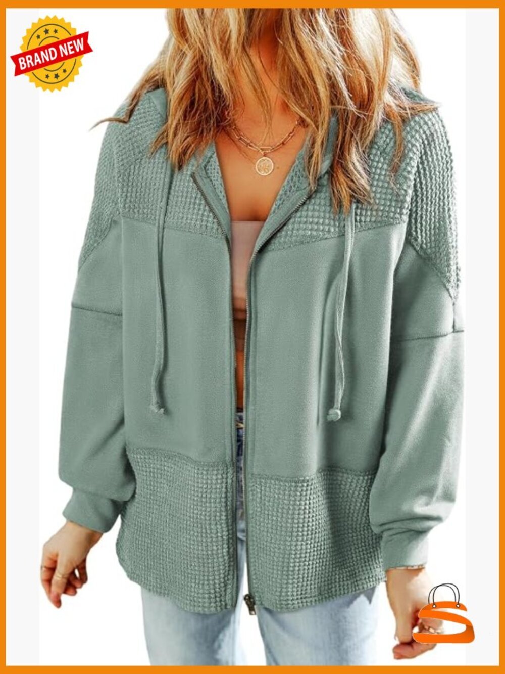 Waffle Knit Zip Up Hoodie Jacket Womens Casual Fall Lightweight
